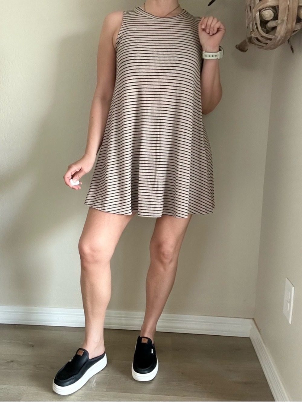 Sleeveless Striped Swing Dress in Beige/Black - Picture 1 of 5